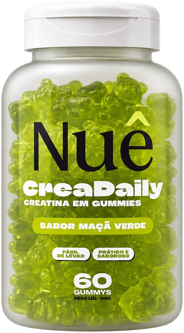 Pote fosco de CreaDaily, creatina em gummies sabor maçã verde da Nuê, com gomas verdes em formato de ursinho